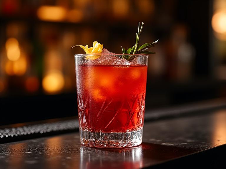 Un cocktail d'autore splendidamente preparato e servito al bancone del Bar Ombra, con atmosfera suggestiva.