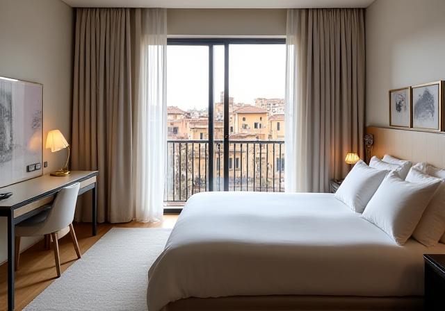 Interno luminoso di una Camera Deluxe con grandi finestre che si affacciano sullo storico centro di Roma.