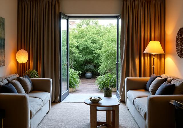 Accogliente zona giorno di una Junior Suite con accesso diretto a un lussureggiante giardino privato.