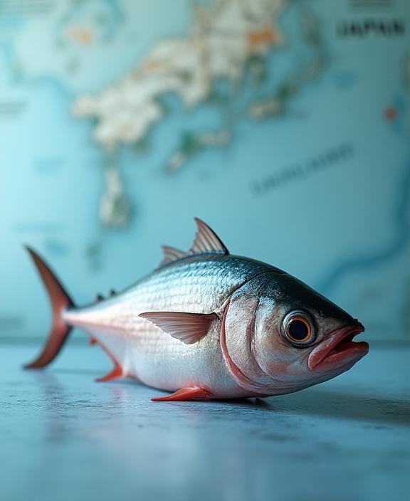 一枚の魚と背景にぼやけた日本の海洋図