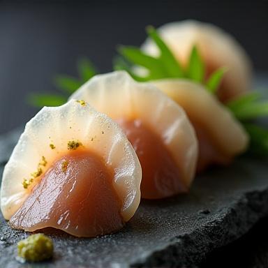 鮑の刺身、肝ソース添え